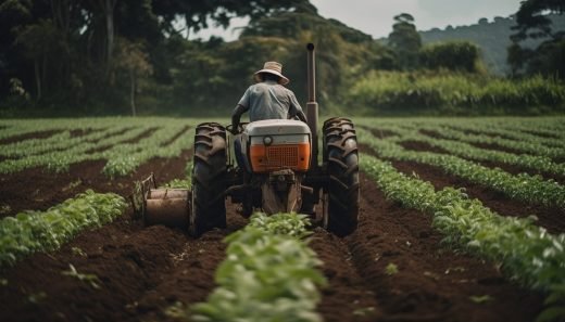 Farm worker driving tractor spraying green meadow generated by artificial intelligence